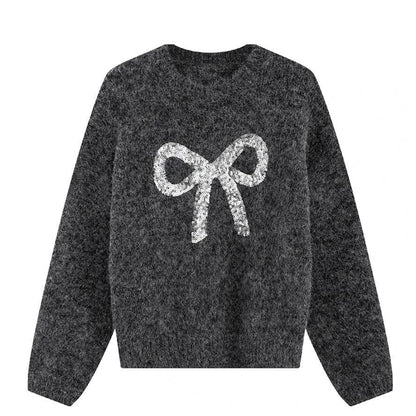 Women's Heavy-Duty Bow Sequined Pullover Sweater - Casual Loose Fit - Buy Center
