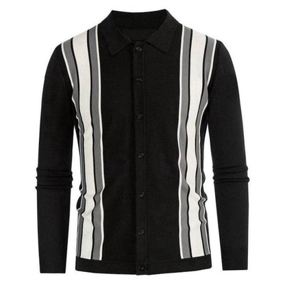 Buycenter Men's Thin Knitted Stripe Shirt - Long Sleeve, Flocking Style - Buy Center