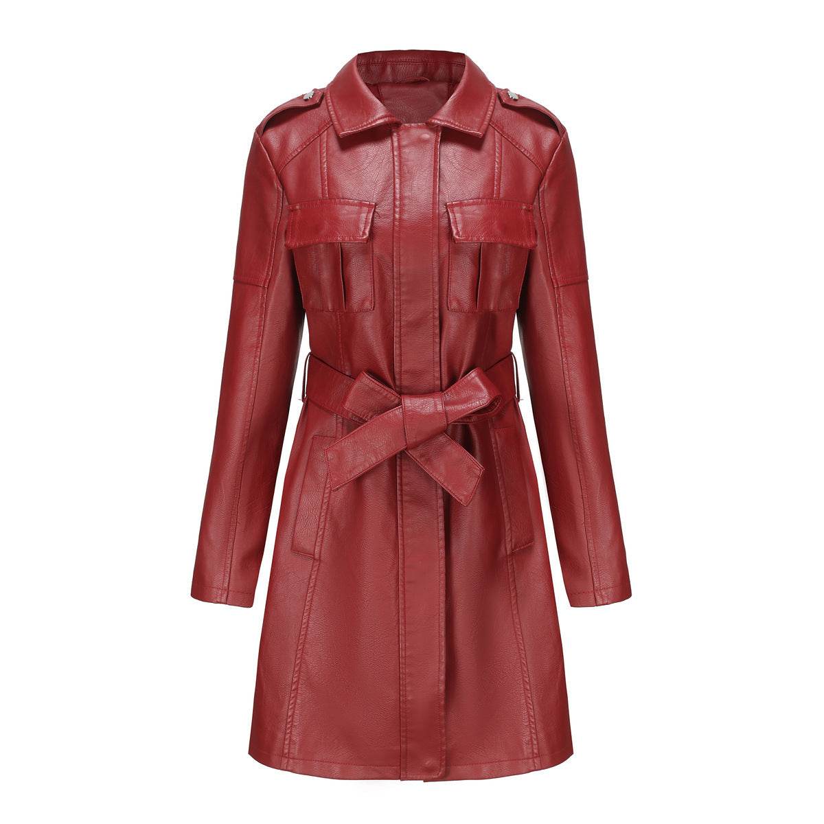 Women's Stylish Mid-Length Leather Coat with Belt - British Design 2025 - Buy Center