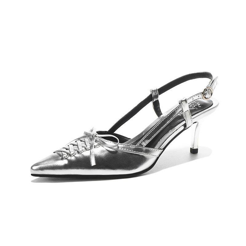 Rivet Closed Toe High Heels - Stylish PU Pumps in Silver & Black - Buy Center