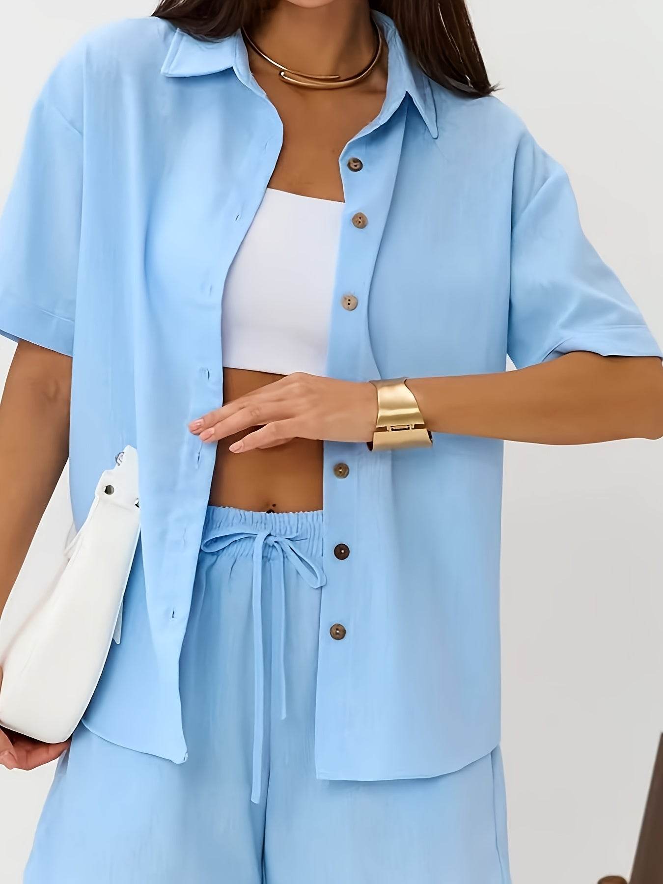 Women's Summer Two-Piece Set - Short Sleeve Shirt & Shorts - Buy Center