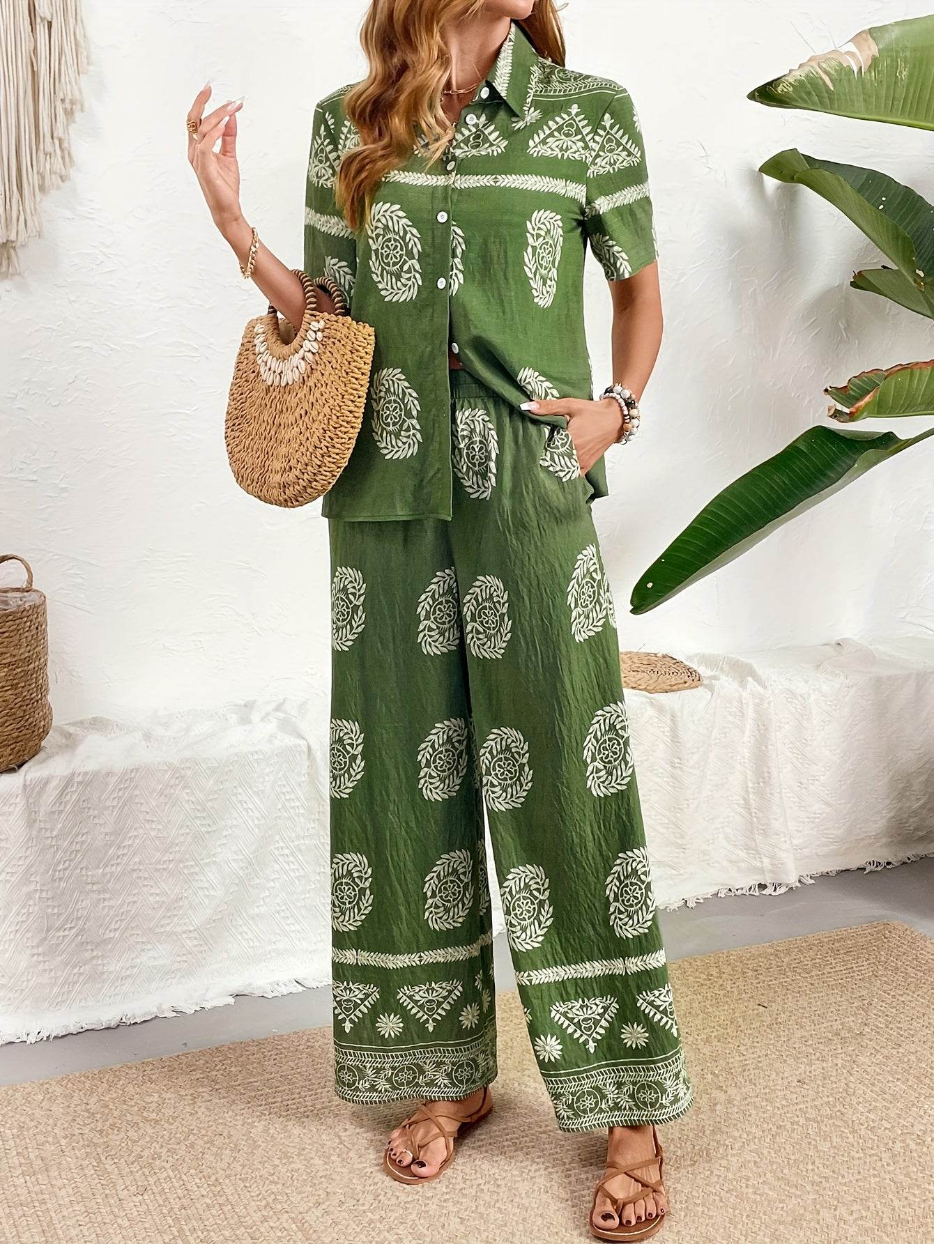 Ethnic Print Cardigan & Wide Leg Pants Set - Elegant Summer Style - Buy Center
