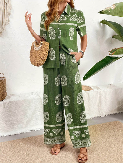 Ethnic Print Cardigan & Wide Leg Pants Set - Elegant Summer Style - Buy Center