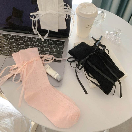 Women’s Mid-Calf Bow Socks - Stylish Straps in White, Black, Pink, Gray - Buy Center
