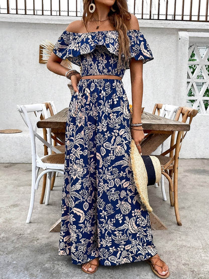 Women's Off-Shoulder Floral Crop Top & Wide-Leg Pants Set - Buy Center