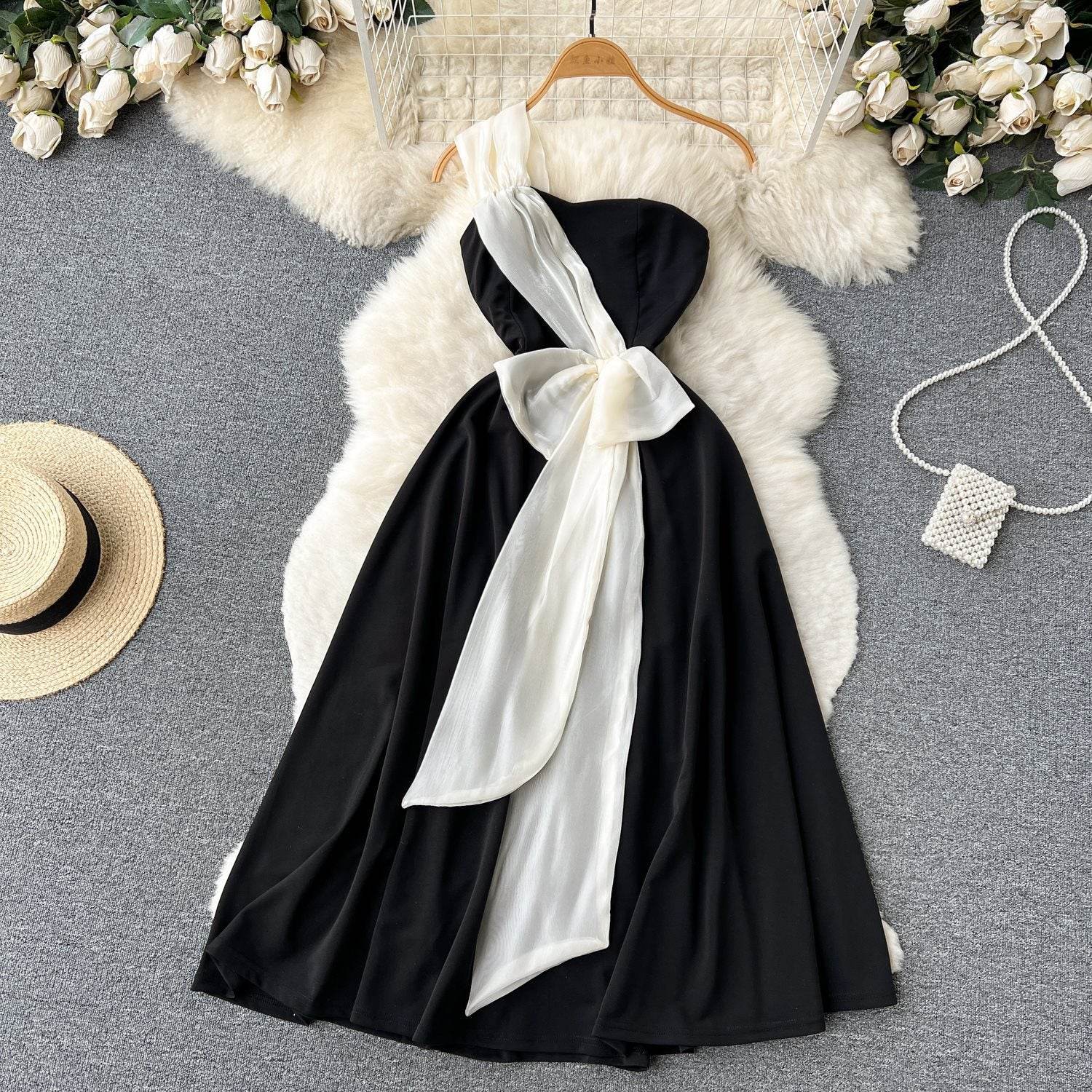 Black and White Contrast A-Line Dress - High Waist Chic Style 2025 - Buy Center