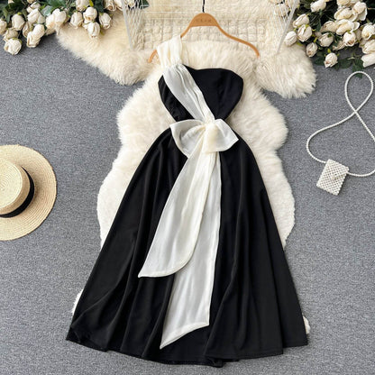 Black and White Contrast A-Line Dress - High Waist Chic Style 2025 - Buy Center