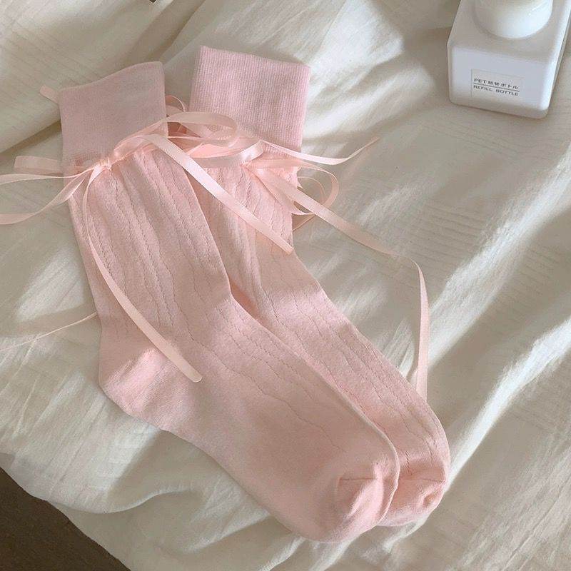 Women’s Mid-Calf Bow Socks - Stylish Straps in White, Black, Pink, Gray - Buy Center
