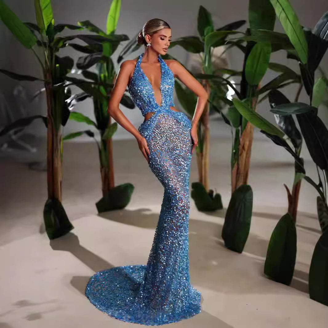 Sky Blue Halter Evening Dress - Deep V-Neck, Slimming Silhouette - Buy Center