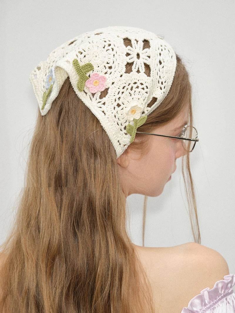 Retro French Triangular Binder Headscarf - Knitted Floral Charm Accessory - Buy Center