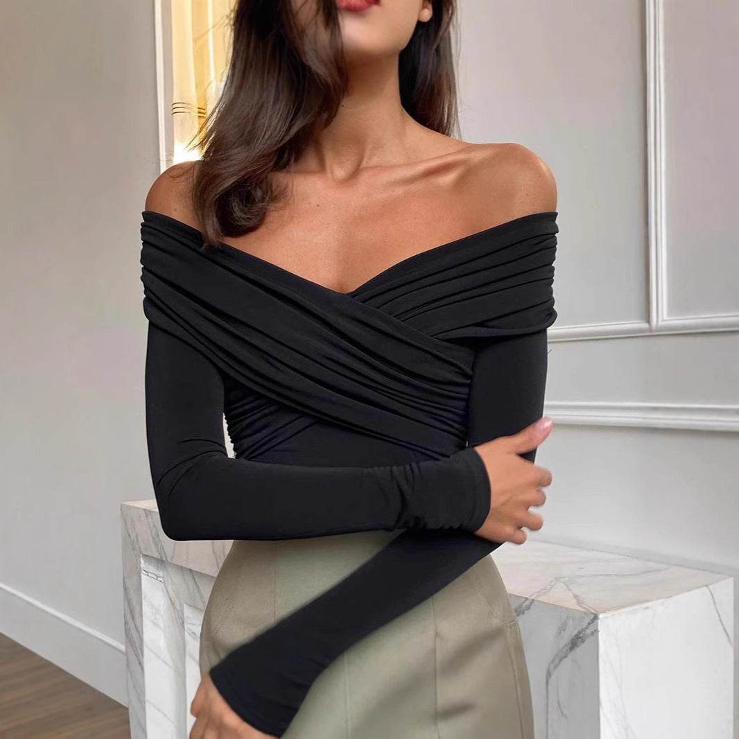 Buycenter Fashion Off-Shoulder V-Neck Slim-Fit Long Sleeve Top - Buy Center