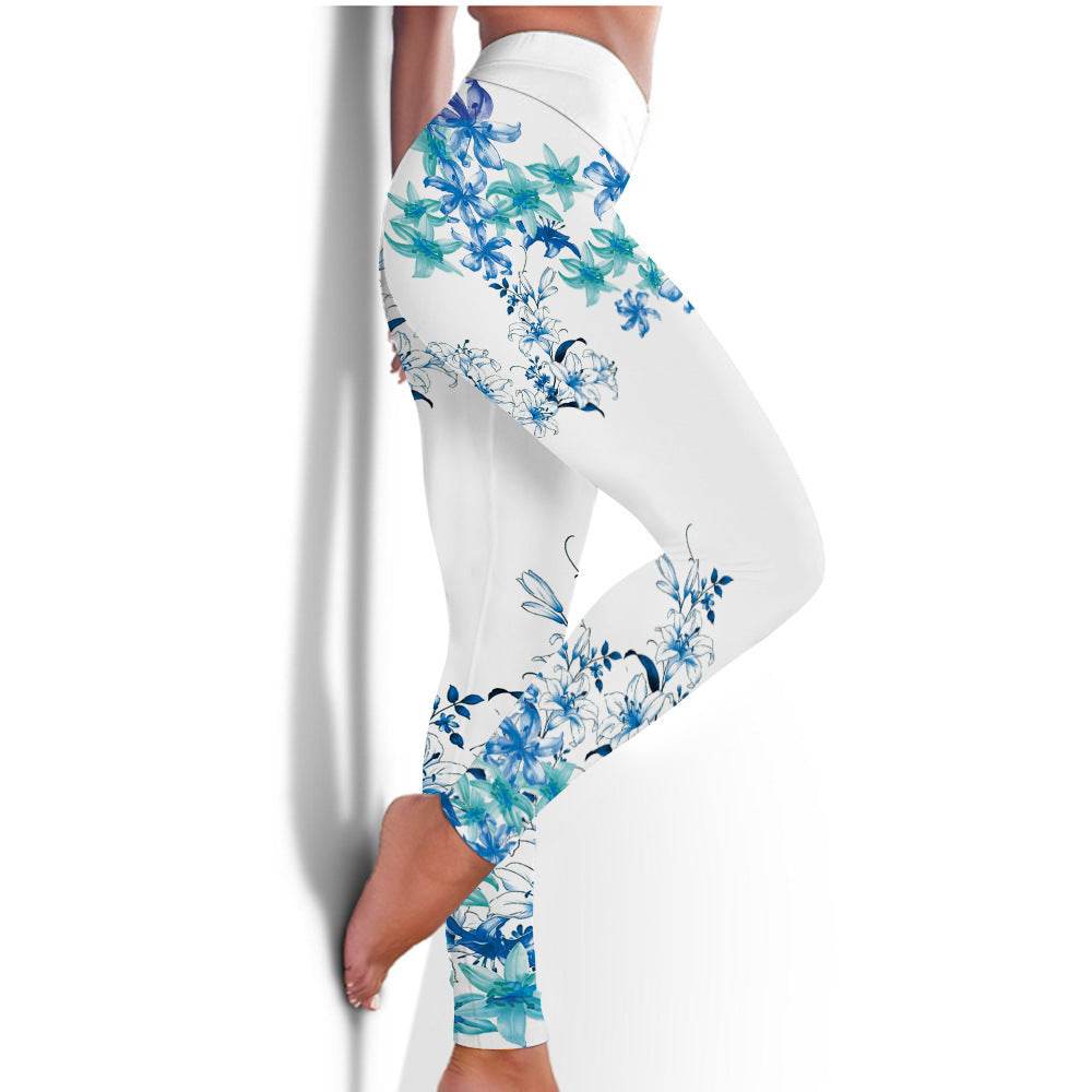 Buycenter Women's Blue Flower Printed Hip Lifting Pants for Fitness - Buy Center