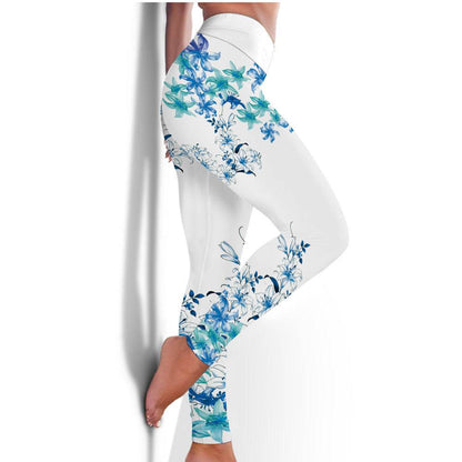 Buycenter Women's Blue Flower Printed Hip Lifting Pants for Fitness - Buy Center