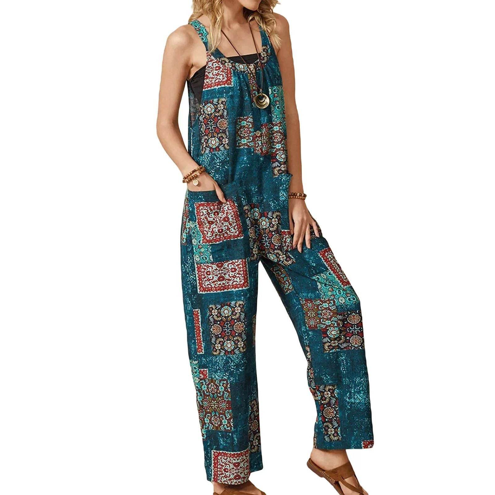 Buycenter Women's Vintage Print Jumpsuit - Loose Fit Straight-Leg Style - Buy Center