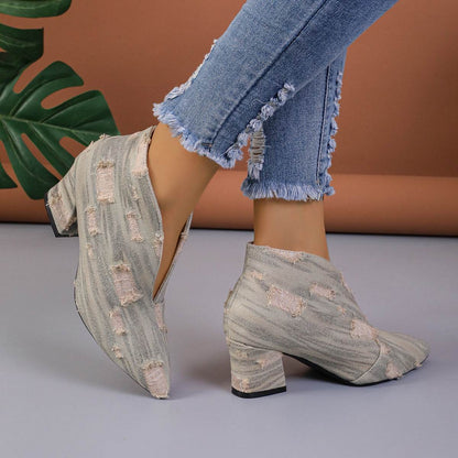 Buycenter Women's V Cut Denim Booties - Chunky Mid Heel, Pointed Toe - Buy Center