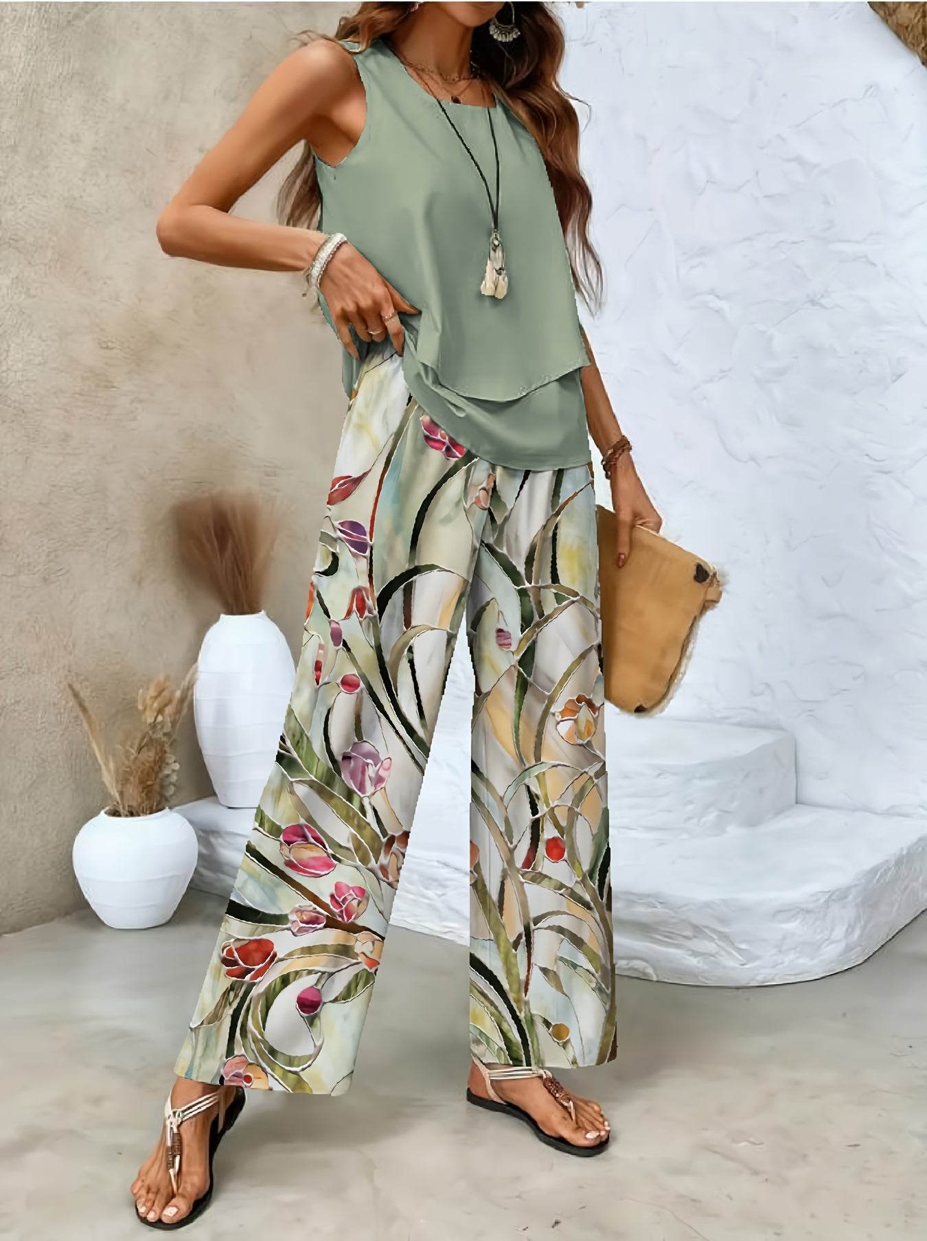 Women's Floral Print Two-Piece Set - Sleeveless Top & Wide-Leg Pants - Buy Center