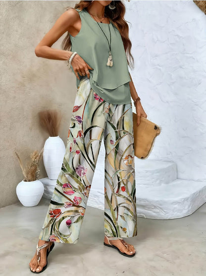 Women's Floral Print Two-Piece Set - Sleeveless Top & Wide-Leg Pants - Buy Center