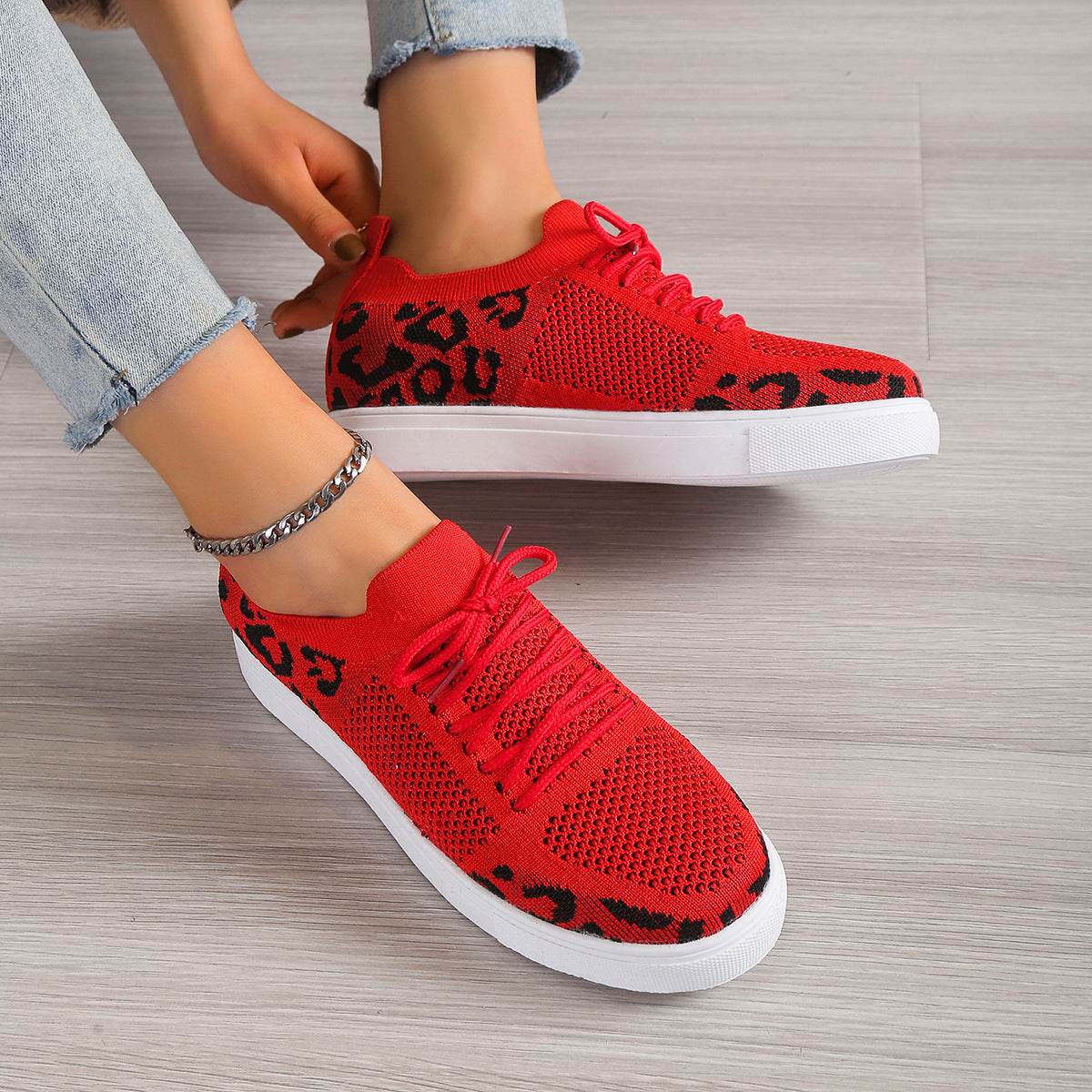 Buycenter Women's Casual Sports Flats - Leopard Print Flyknit Shoes - Buy Center