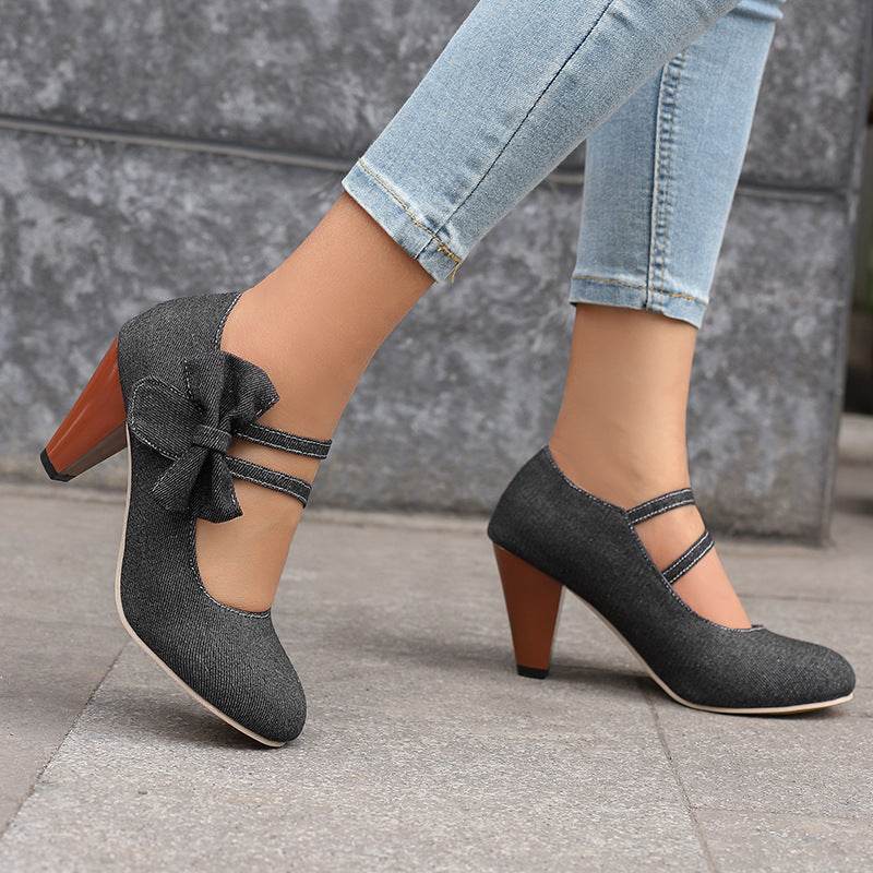 Buycenter Round Toe High Heels Pumps - Stylish Denim Bow Design - Buy Center