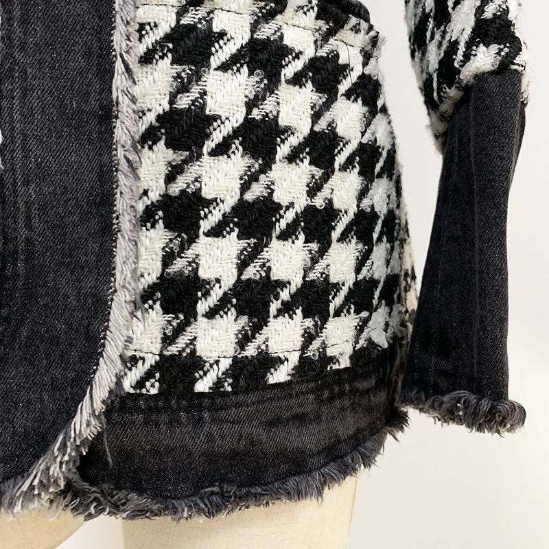 Buycenter Women's Tweed Houndstooth Denim Trench - Slim Fit Style - Buy Center