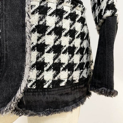 Buycenter Women's Tweed Houndstooth Denim Trench - Slim Fit Style - Buy Center