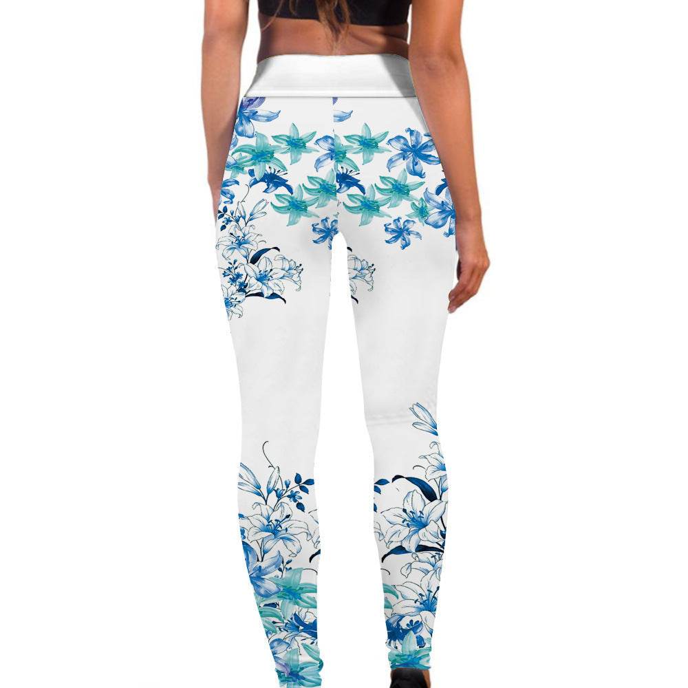Buycenter Women's Blue Flower Printed Hip Lifting Pants for Fitness - Buy Center