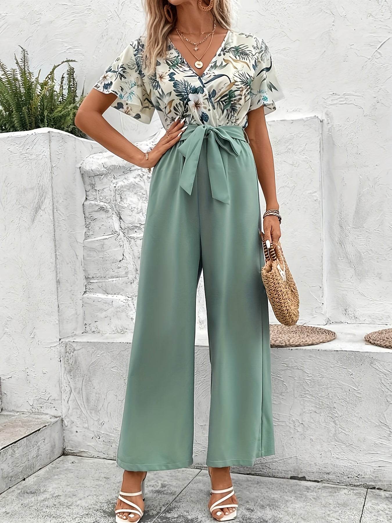 Women's Floral V-Neck Top & Wide-Leg Pants Suit Set - Casual Style - Buy Center