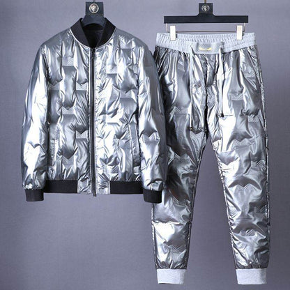 Buycenter Men's Glossy Down Jacket - Stylish Black & Silver Suit Set - Buy Center