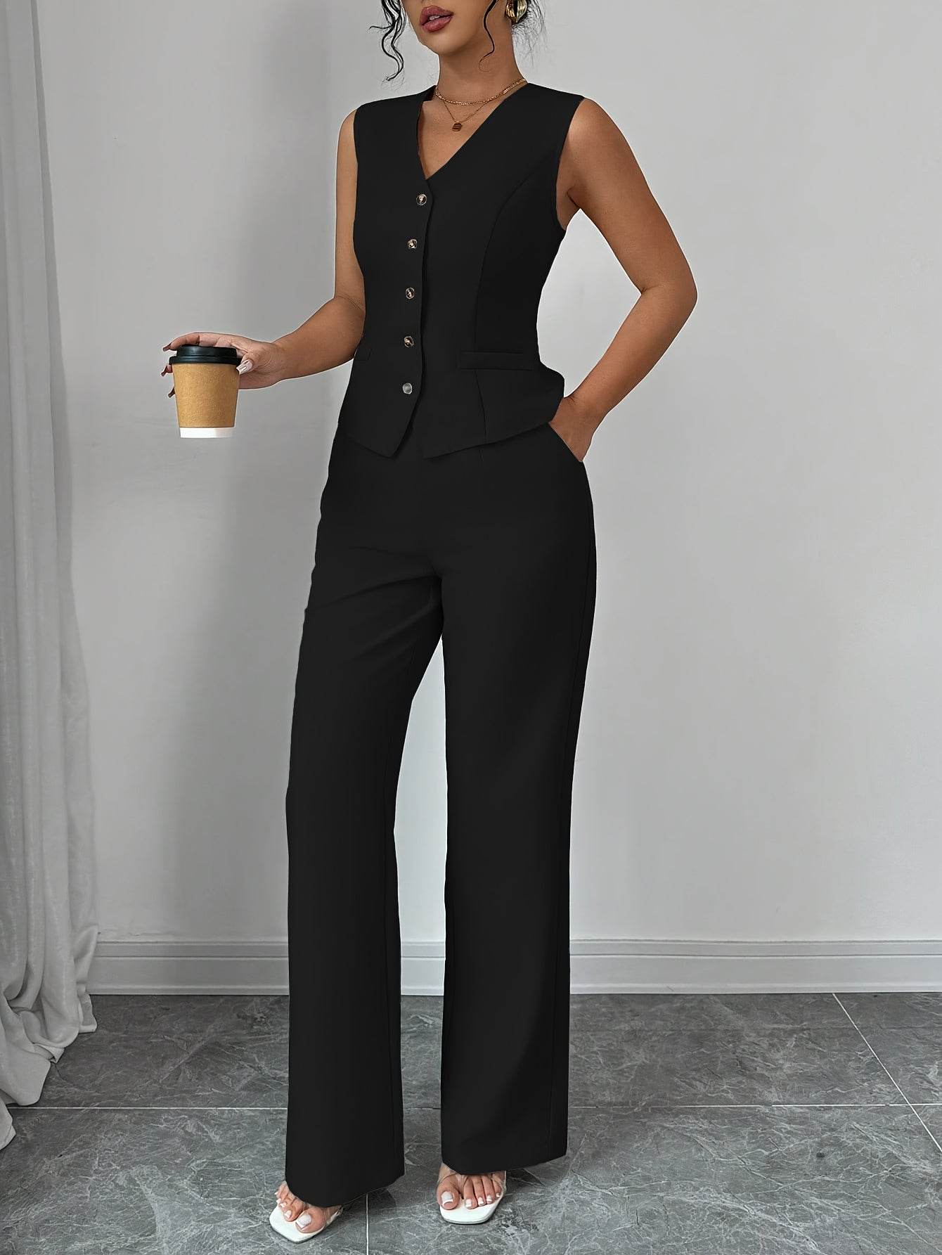 Women's Solid Color Vest & Wide-Leg Pants Set - Elegant Spring Look - Buy Center