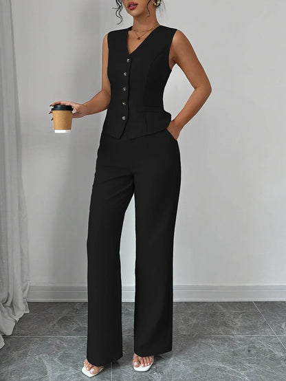 Women's Solid Color Vest & Wide-Leg Pants Set - Elegant Spring Look - Buy Center