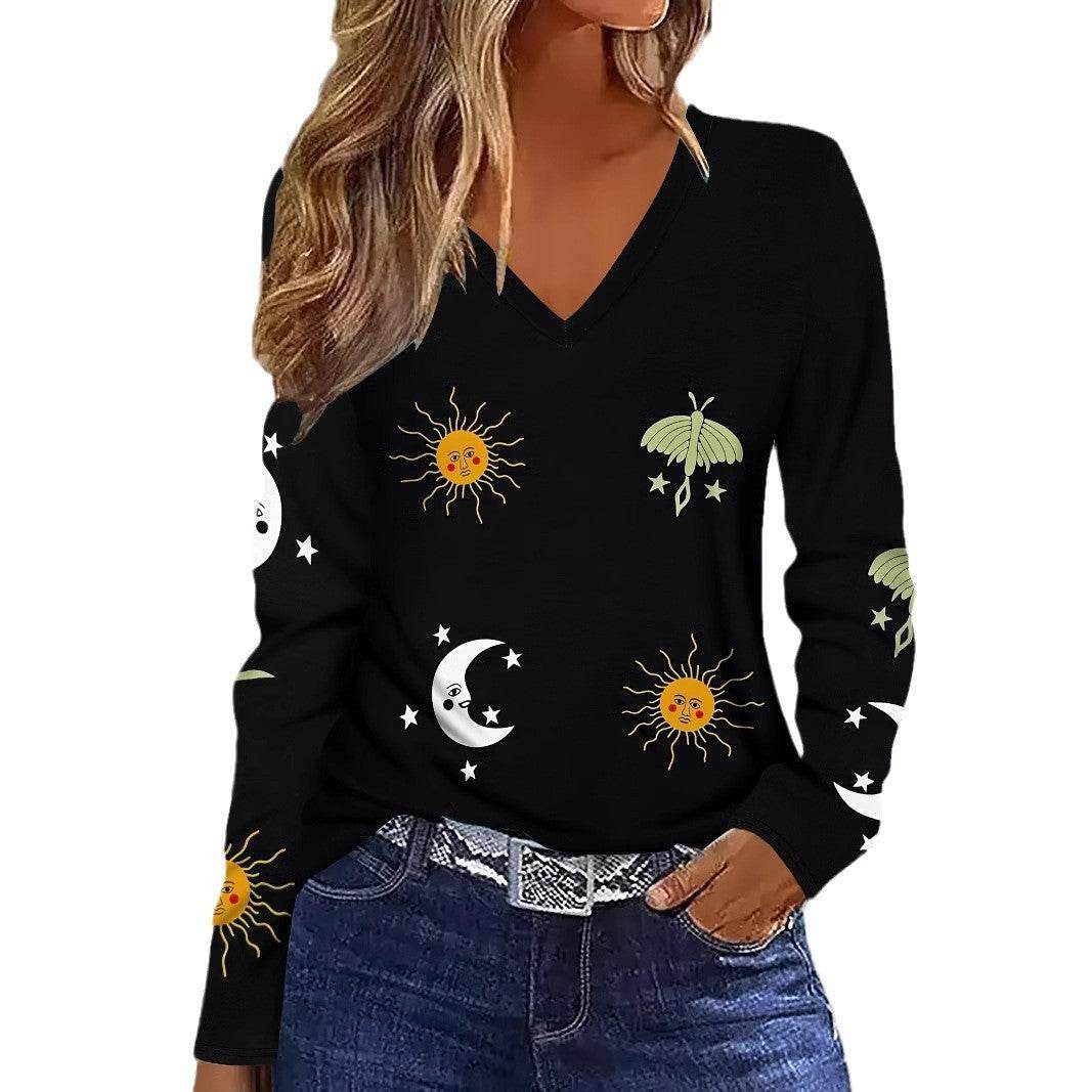 Buycenter Sun Moon Star Graphic V-neck T-shirt - Breathable Long Sleeve Blouse - Buy Center