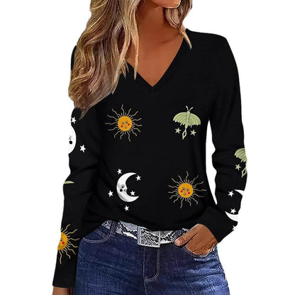 Buycenter Sun Moon Star Graphic V-neck T-shirt - Breathable Long Sleeve Blouse - Buy Center