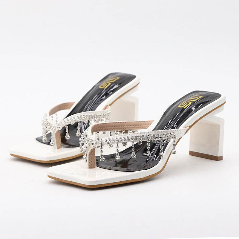Trendy Square Toe Chunky Heel Sandals for Women - Rhinestone Accents - Buy Center