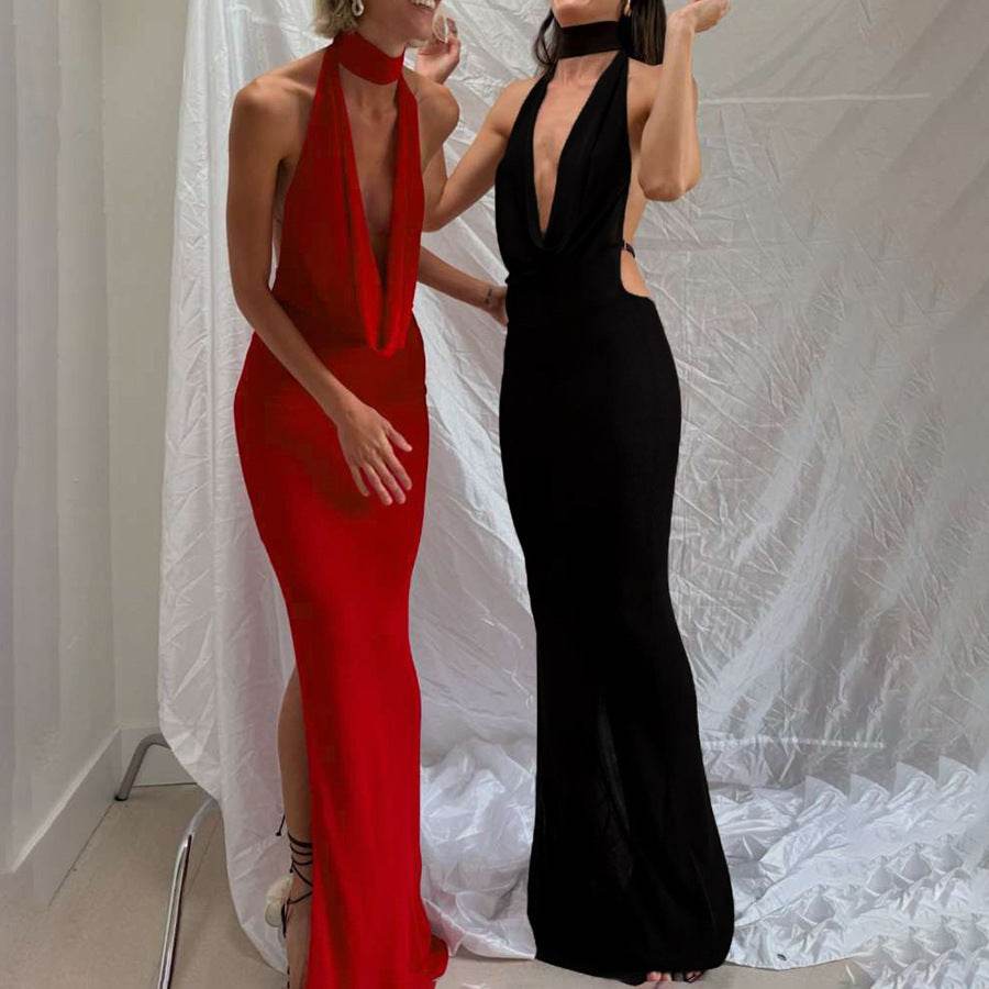 Sexy Halter V-Neck Backless Dress - Black & Red Options for Modern Women - Buy Center
