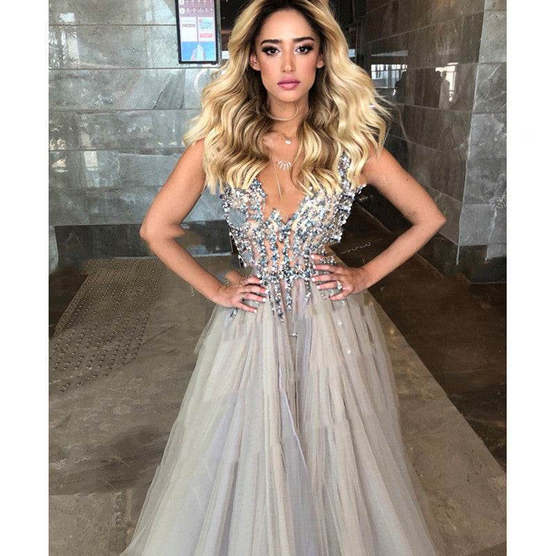 Buycenter Diamond Grey Evening Dress - Sleeveless High Waist Design - Buy Center