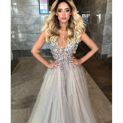 Buycenter Diamond Grey Evening Dress - Sleeveless High Waist Design - Buy Center