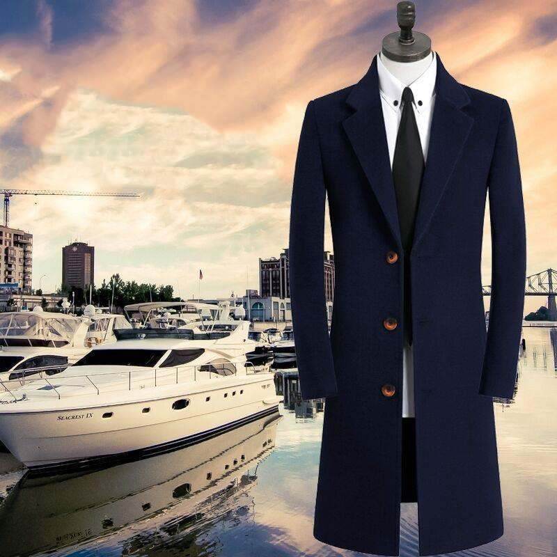 Buycenter Men's Woolen Trench Coat - Stylish Stand Collar, Multiple Colors - Buy Center