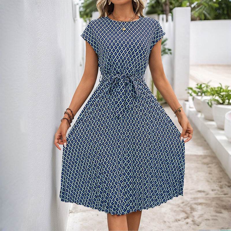 Elegant Round Neck Lace-Up Dress - Blue A-Line Flight Sleeve Style - Buy Center