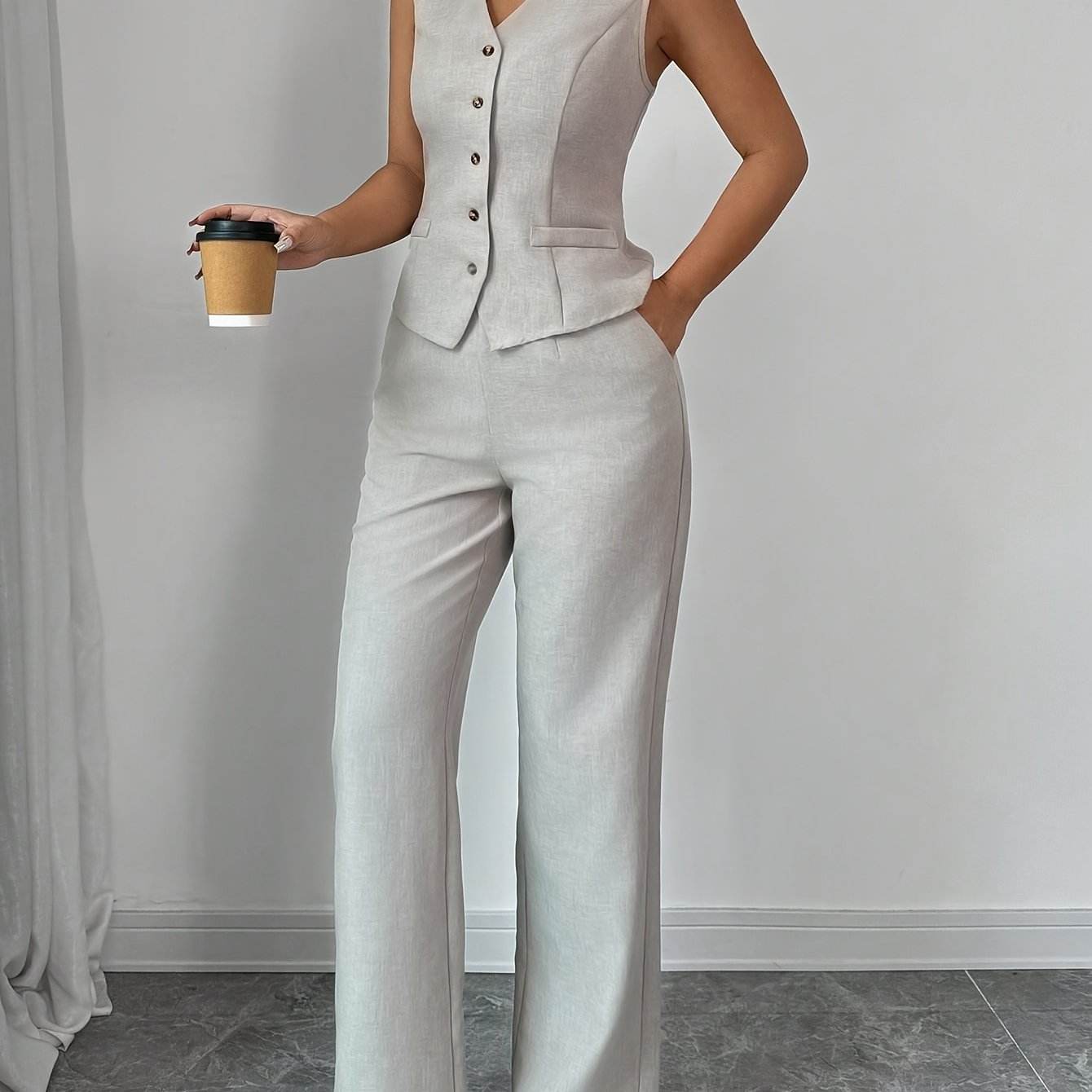 Women's Solid Color Vest & Wide-Leg Pants Set - Elegant Spring Look - Buy Center