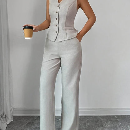 Women's Solid Color Vest & Wide-Leg Pants Set - Elegant Spring Look - Buy Center