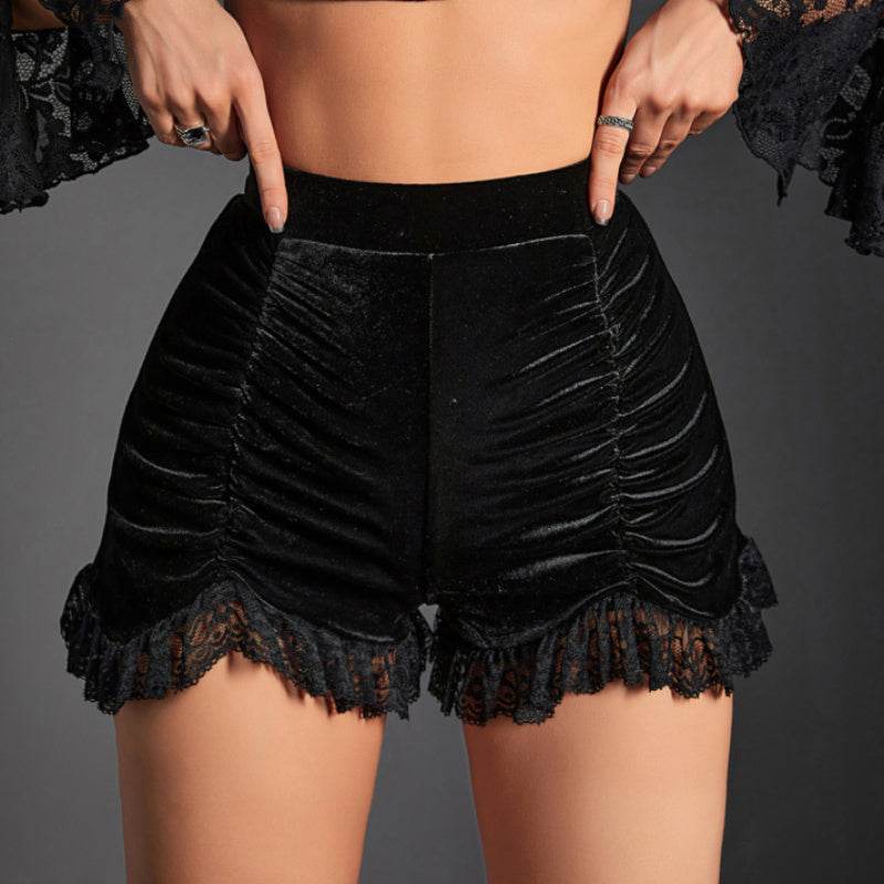 Buycenter High Waist Velvet Pleated Shorts - Dark Gothic Fashion for Women - Buy Center