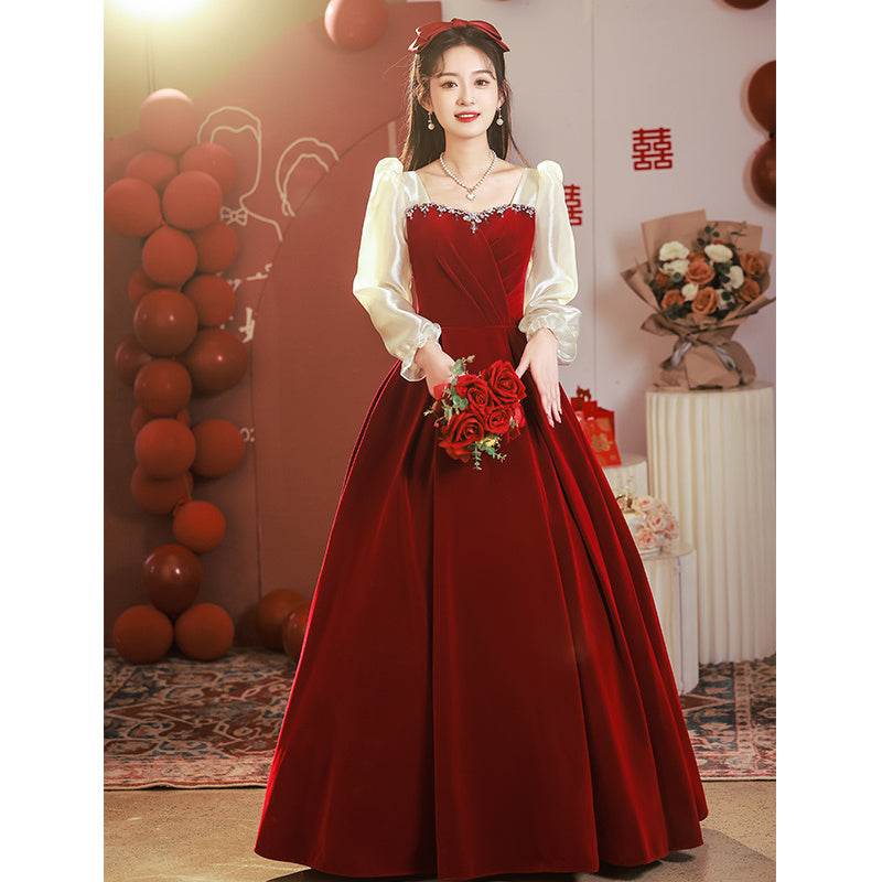 Buycenter Wine Red Long-Sleeved Evening Dress for Women - Elegant Style - Buy Center
