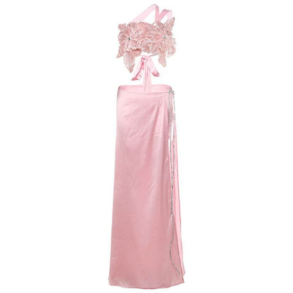 Backless Sequined Lace-up Top & Long Skirt Suit - Stylish Polyester Set - Buy Center