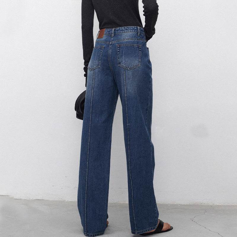 Women's Straight Jeans with Three-Dimensional Stitching - Dark Blue Style - Buy Center
