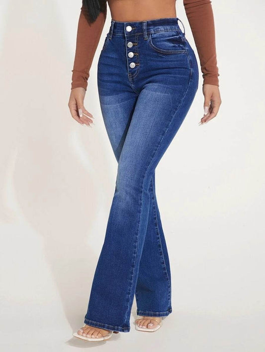 High Waist Stretch Skinny Jeans - Dark Blue Women's Premium Denim - Buy Center
