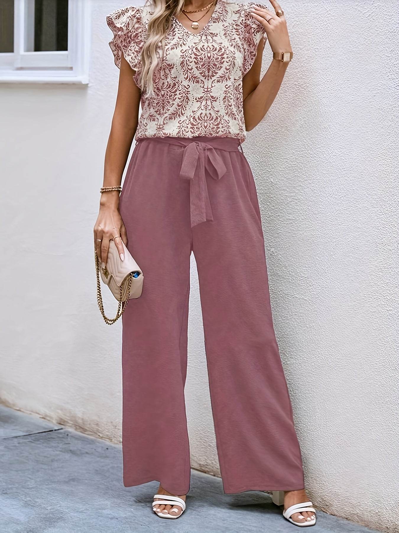 Women's Floral V-Neck Top & Wide Leg Pants Casual Vacation Set - Buy Center