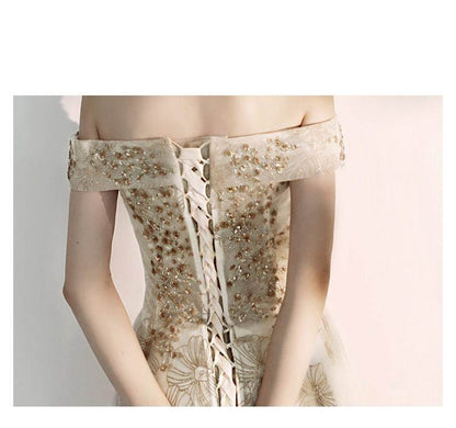 Buycenter A Shoulder Flamboyant Dress - Elegant Evening Wear in Champagne - Buy Center