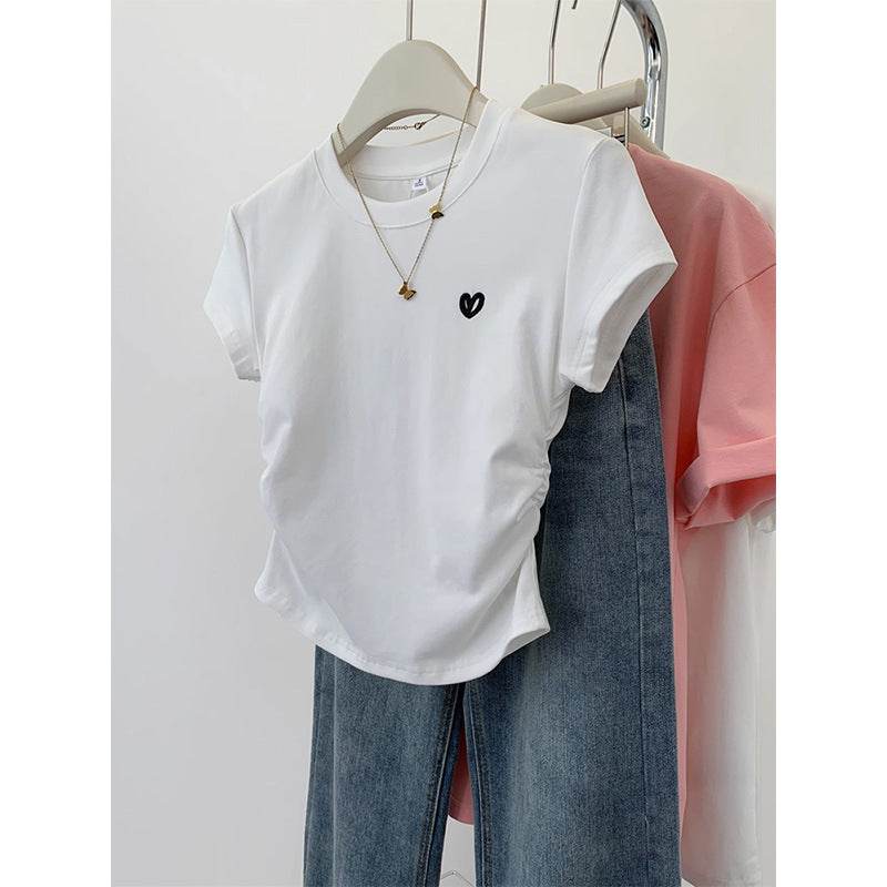 Buycenter Ladies Gray Short Sleeve T-shirt - Love Embroidery Design - Buy Center