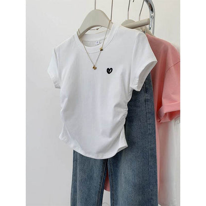 Buycenter Ladies Gray Short Sleeve T-shirt - Love Embroidery Design - Buy Center