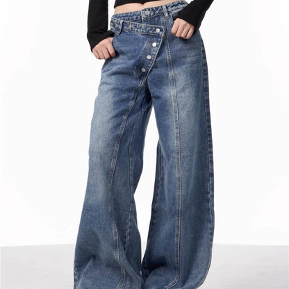 Irregular Breasted Blue Wide Leg Jeans - Trendy Loose Fit for Women - Buy Center